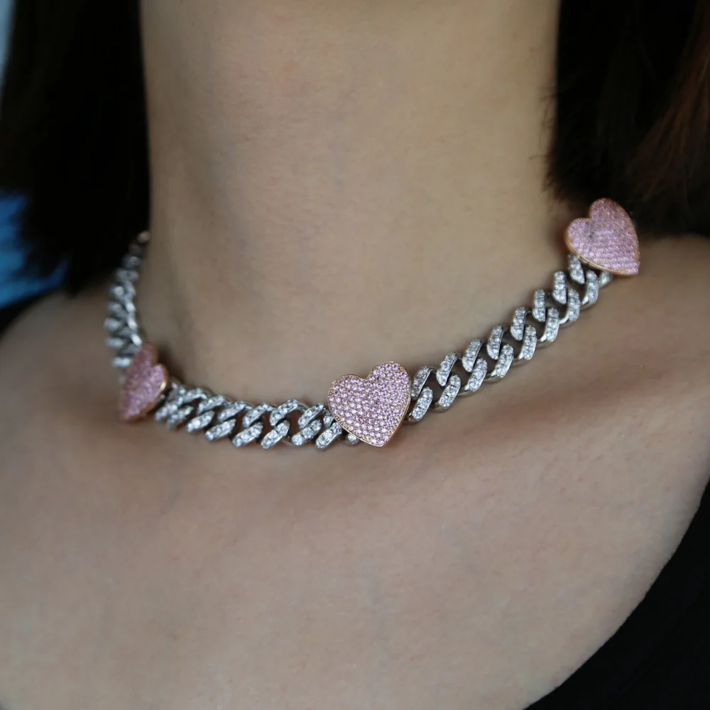 New 12mm Width Pink Heart Iced - огляд і ціна Cuban Link Chain 12Mm